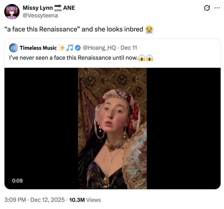 A "quote-tweet":https://knowyourmeme.com/memes/quote-retweets-qrts about "TikToker":https://knowyourmeme.com/memes/sites/tiktok Alana O'Brien, also known as Alana.28 or the Renaissance Girl. 