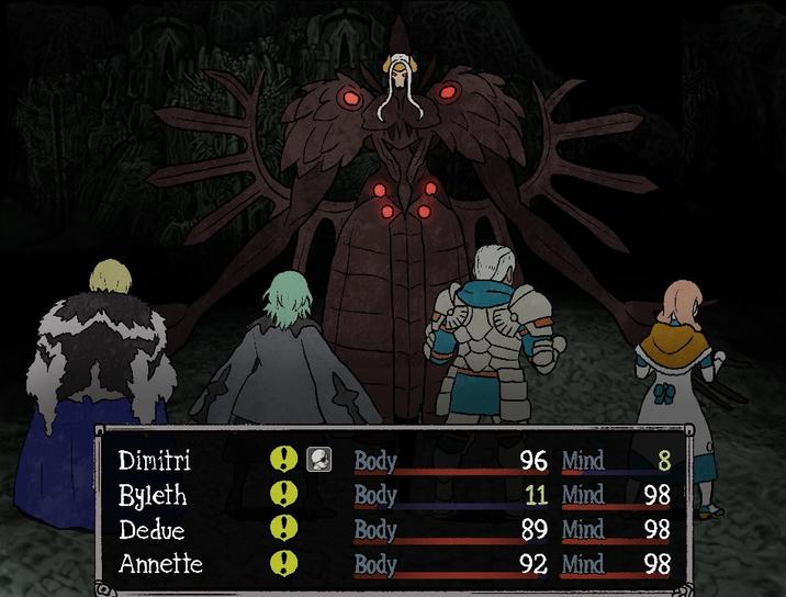 Dimitri Body 96 Mind 00 8 Byleth Body 11 Mind 98 Dedue Body 89 Mind 98 Annette Body 92 Mind 98