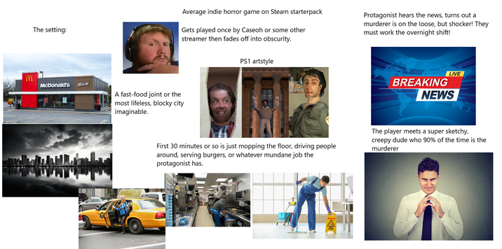 The setting: M McDonald's McCafe Average indie horror game on Steam starterpack Gets played once by Caseoh or some other streamer then fades off into obscurity. Protagonist hears the news, turns out a murderer is on the loose, but shocker! They must work the overnight shift! A fast-food joint or the most lifeless, blocky city imaginable. PS1 artstyle BREAKING LIVE NEWS First 30 minutes or so is just mopping the floor, driving people around, serving burgers, or whatever mundane job the protagonist has. The player meets a super sketchy, creepy dude who 90% of the time is the murderer CAUTION