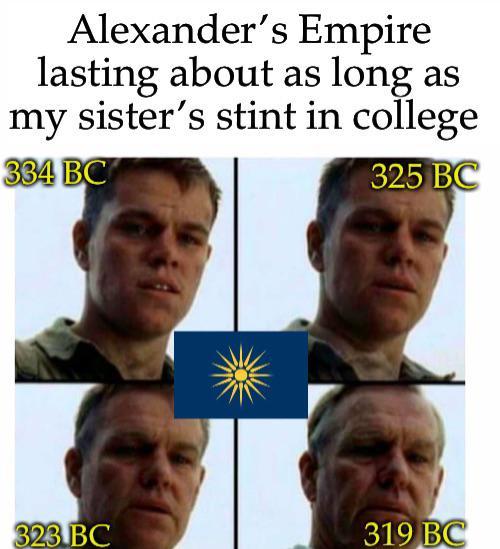 Alexander's Empire lasting about as long as my sister's stint in college 334 BC 325 BC 323 BC 319 BC