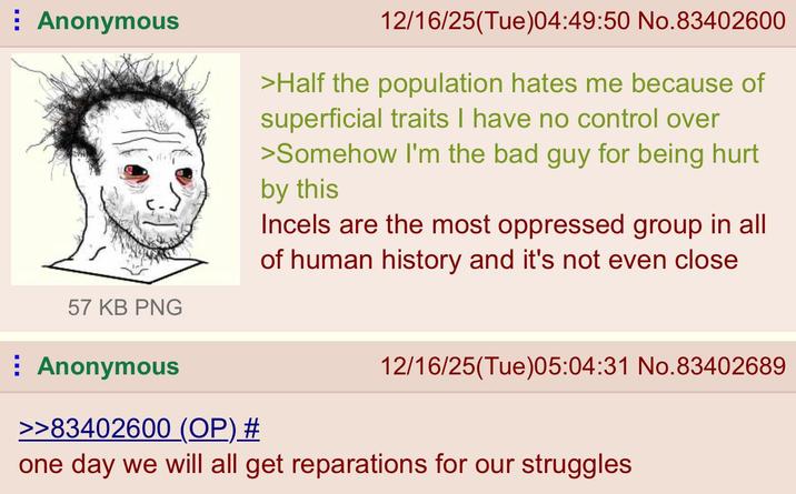 Anonymous 57 KB PNG ⠀ Anonymous >>83402600 (OP) # 12/16/25(Tue)04:49:50 No.83402600 >Half the population hates me because of superficial traits I have no control over >Somehow I'm the bad guy for being hurt by this Incels are the most oppressed group in all of human history and it's not even close 12/16/25(Tue)05:04:31 No.83402689 one day we will all get reparations for our struggles