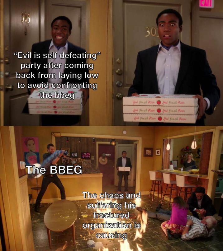 "Evil is self defeating" party after coming back from laying low to avoid confronting the bbeg 30 The BBEG Had Feesh Pa food Fresh Po pad Fresh Pla Jnd fresh P pad Fresh P Presh Pan The chaos and suffering his fractured organization is causing CAIT