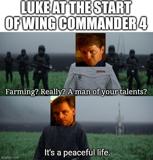 LUKE AT THE START OF WING COMMANDER 4 Farming? Really? A man of your talents? imgflip.com It's a peaceful life.