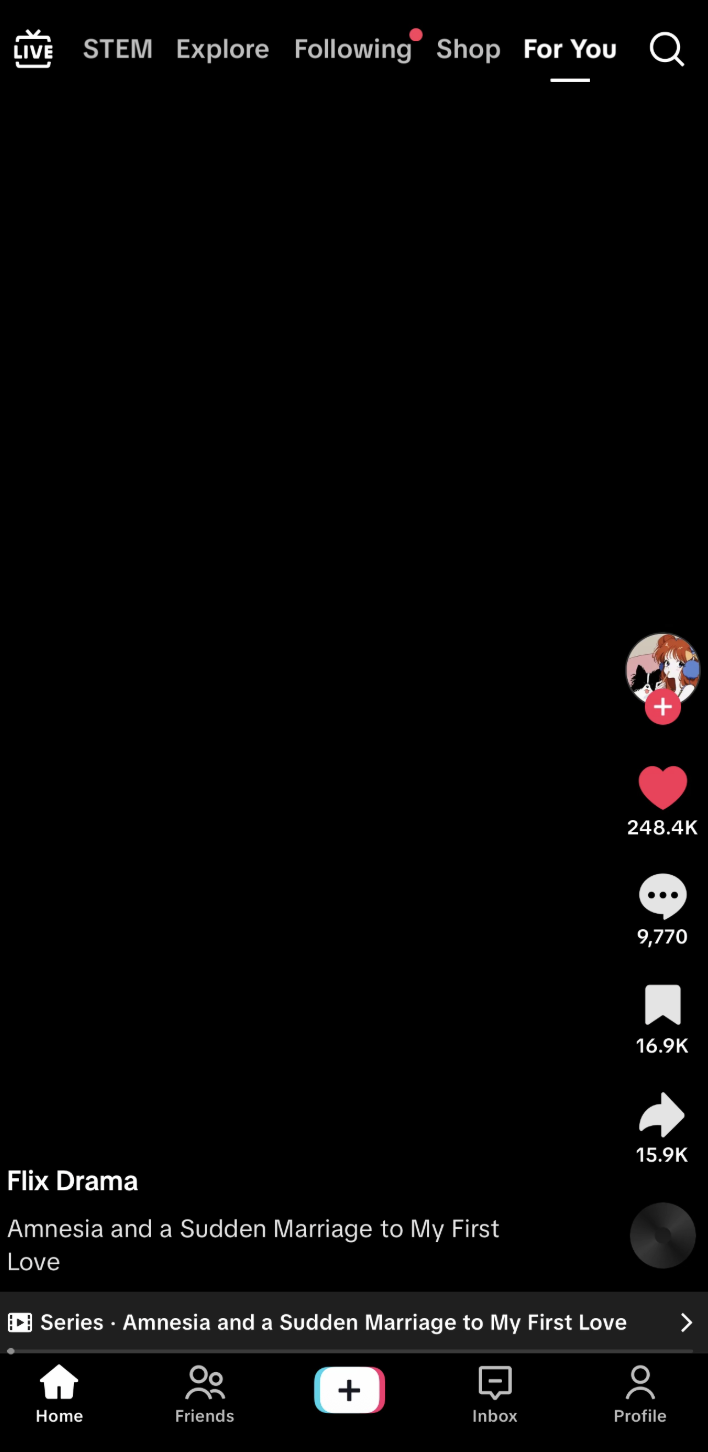 A blank black screenshot of the Amnesia and a Sudden Marriage to My First Love video on "TikTok":https://knowyourmeme.com/memes/sites/tiktok, which was at the center of a viral TikTok glitch in December 2025.