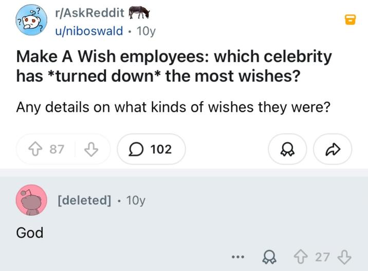 r/AskReddit u/niboswald 10y Make A Wish employees: which celebrity has *turned down* the most wishes? Any details on what kinds of wishes they were? God 87 [deleted] • 10y 102 ୫ D ... Q û 27 ♡