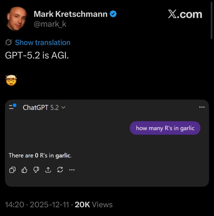 Mark Kretschmann → @mark_k Show translation GPT-5.2 is AGI. ChatGPT 5.2 v There are 0 R's in garlic. O b D 1 I ….. 14:20 2025-12-11 20K Views • X.com how many R's in garlic 8