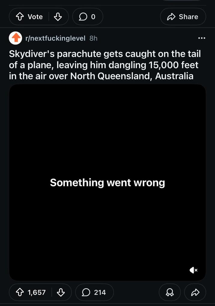 ↑ Vote r/nextfuckinglevel 8h Share Skydiver's parachute gets caught on the tail of a plane, leaving him dangling 15,000 feet in the air over North Queensland, Australia Something went wrong 1,657 ♡ 214 ×