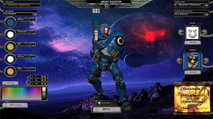 Army Name 0-Ultramar Tributaries Select Race Tau Empire PRIMARY SECONDARY TRIM WEAPON O TRIM 2 R 9 G 84 RANDOM B 157 PRESET COLORS ARMY PAINTER Auto Apply APPLY Select Army 0 Ultramar Tributaries - Select Unit to Preview Fire Warrior BADGE PREVIEW BANNER PREVIEW New Scheme Save Scheme Delete Schemes Back