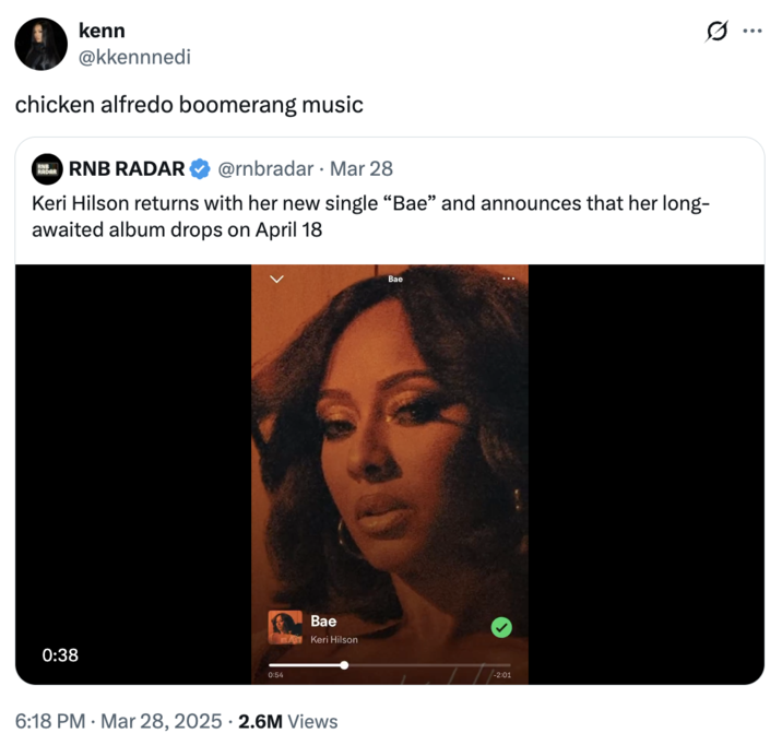 The original "tweet":https://knowyourmeme.com/memes/sites/twitter-x that coined the term "Chicken Alfredo Music" in March 2025.