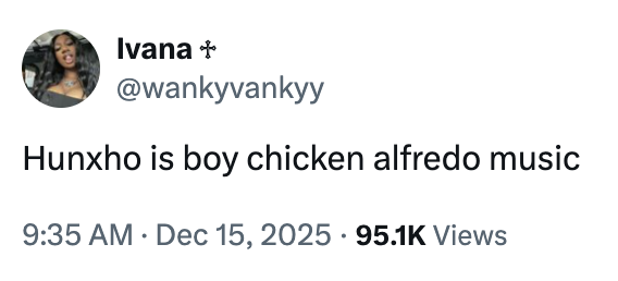 A "tweet":https://knowyourmeme.com/memes/sites/twitter-x about the "slang":https://knowyourmeme.com/memes/internet-slang term "Chicken Alfredo Music."
