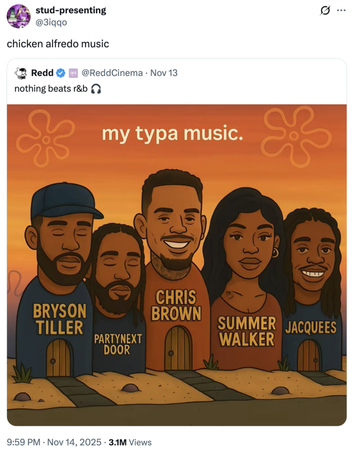 A "tweet":https://knowyourmeme.com/memes/sites/twitter-x about the "slang":https://knowyourmeme.com/memes/internet-slang term "Chicken Alfredo Music."