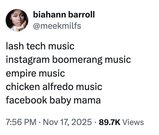 A "tweet":https://knowyourmeme.com/memes/sites/twitter-x about the "slang":https://knowyourmeme.com/memes/internet-slang term "Chicken Alfredo Music."