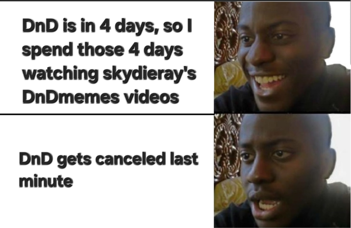 DnD is in 4 days, so I spend those 4 days watching skydieray's DnDmemes videos DnD gets canceled last minute