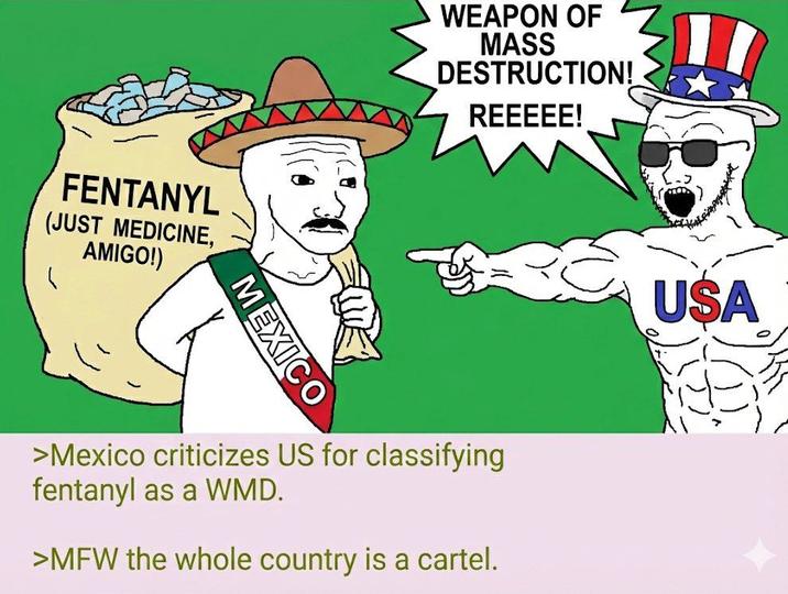 FENTANYL (JUST MEDICINE, AMIGO!) MEXICO WEAPON OF MASS DESTRUCTION! REEEEE! >Mexico criticizes US for classifying fentanyl as a WMD. >MFW the whole country is a cartel. USA