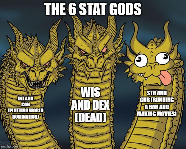 THE 6 STAT GODS くくく INT AND CON CPLOTTING WORLD DOMINATION WIS AND DEX (DEAD) STR AND CHR CRUNNING A BAR AND MAKING MOVIES] imgflip.com