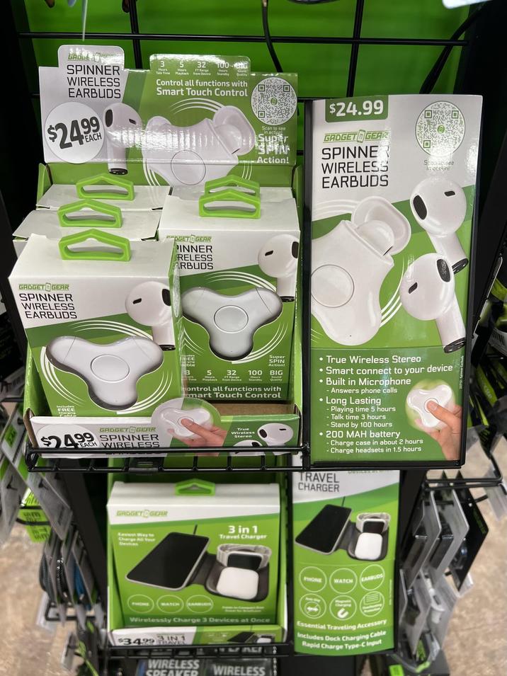 GADGE SPINNER WIRELESS EARBUDS $24.99 3 5 32 100et Talk Time Playback FT Range from Device Standby Quality Control all functions with Smart Touch Control DDD. GADGETGEAR SPINNER WIRELESS EARBUDS 83 FREE $4.99 GADGETGEAR SPINNER EACH WIRELESS GADGETGEAR DGETGEAR PINNER RELESS ARBUDS Scan to see in action Super Action! $24.99 GADGETGEAR SPINNE 回 WIRELESS EARBUDS Sean to see it action! FEE B Super SPIN Action! 5 32 100 BIG Standby Sound ontrol all functions with mart Touch Control True Wireless Stereo • True Wireless Stereo • Smart connect to your device • Built in Microphone - Answers phone calls • Long Lasting - Playing time 5 hours -Talk time 3 hours - Stand by 100 hours •200 MAH battery -Charge case in about 2 hours Charge headsets in 1.5 hours TRAVEL CHARGER DEVILES #1 Easiest Way to Charge All Your 3 in 1 Travel Charger ONE WATCH LAMP Wirelessly Charge 3 Devices at Once $34.99 3 IN 1 BAYEL DOD PHONE WATCH EARBUDS 110 Essential Traveling Accessory Includes Dock Charging Cable Rapid Charge Type-C Input WIRELESS SPEAKER WIRELESS