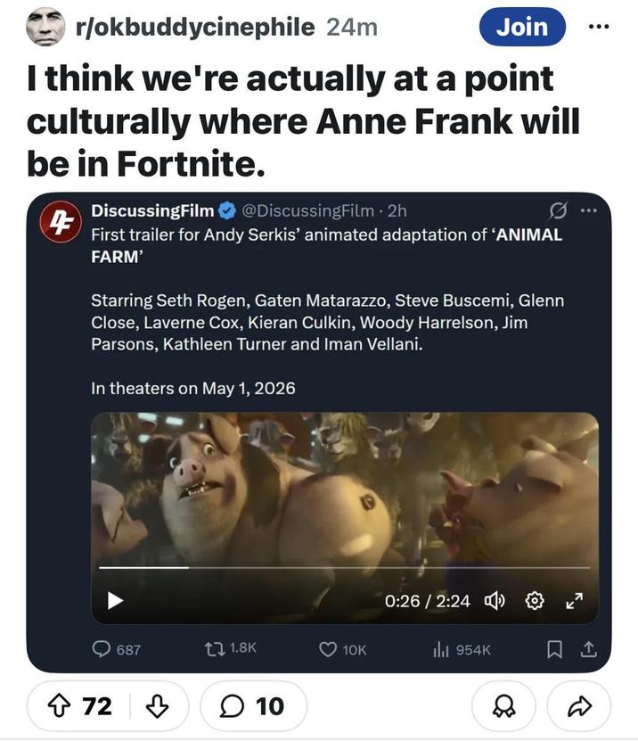 r/okbuddycinephile 24m Join 000 I think we're actually at a point culturally where Anne Frank will be in Fortnite. 4 DiscussingFilm @DiscussingFilm • 2h First trailer for Andy Serkis' animated adaptation of 'ANIMAL FARM' Starring Seth Rogen, Gaten Matarazzo, Steve Buscemi, Glenn Close, Laverne Cox, Kieran Culkin, Woody Harrelson, Jim Parsons, Kathleen Turner and Iman Vellani. In theaters on May 1, 2026 72 687 11.8K > 10 0:26 / 2:24 10K Ill 954K & D
