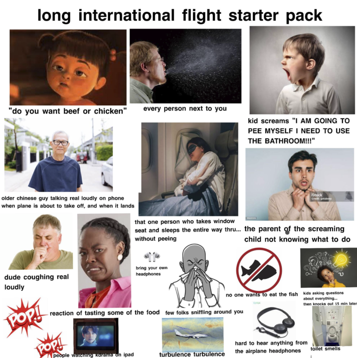 long international flight starter pack "do you want beef or chicken" every person next to you kid screams "I AM GOING TO PEE MYSELF I NEED TO USE THE BATHROOM!!!" older chinese guy talking real loudly on phone when plane is about to take off, and when it lands that one person who takes window 990311212 iStock Credit: golubovy seat and sleeps the entire way thru... the parent of the screaming without peeing child not knowing what to do dude coughing real loudly bring your own headphones no one wants to eat the fish Cylilya POP! reaction of tasting some of the food few folks sniffling around you POP! kids asking questions about everything... then knocks out 15 min later people watching kdrama on ipad turbulence turbulence hard to hear anything from the airplane headphones toilet smells