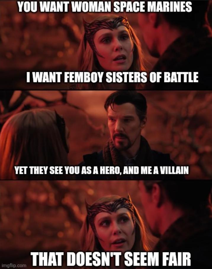 YOU WANT WOMAN SPACE MARINES I WANT FEMBOY SISTERS OF BATTLE YET THEY SEE YOU AS A HERO, AND ME A VILLAIN imgflip.com THAT DOESN'T SEEM FAIR