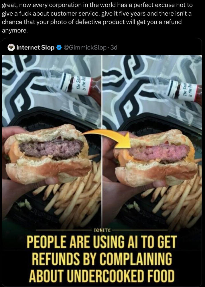 IGNITE- PEOPLE ARE USING AI TO GET REFUNDS BY COMPLAINING ABOUT UNDERCOOKED FOOD great, now every corporation in the world has a perfect excuse not to give a f--- about customer service. give it five years and there isn't a chance that your photo of defective product will get you a refund anymore. Internet Slop @GimmickSlop 3d The Sau is the B The Sout is the B