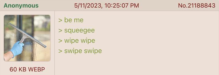 Anonymous 5/11/2023, 10:25:07 PM > be me > squeegee > wipe wipe > swipe swipe 60 KB WEBP No.21188843