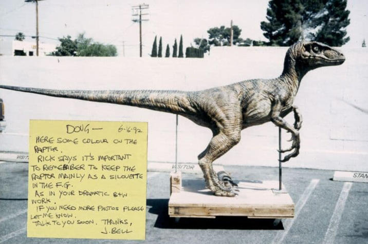 DOUG- 6-6-92 HERE SOME COLOUR ON THE RAPTOR. WST RICK SAYS IT'S IMPORTANT TO REMEMBER TO KEEP THE RAPTOR MAINLY AS A SILOVETTE IN THE F.G. AS IN YOUR DRAMATIC B+W WORK. IF YOU NEED MORE PHOTOS PLEASE LET ME KNOW. TALK TO YOU SOON. THANKS, J.BELL VISITOR STAN