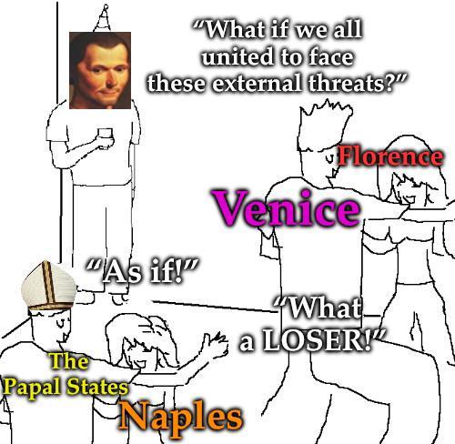 "What if we all united to face these external threats?" Florence Venice "As if!" What The Papal States Ma LOSER! Naples