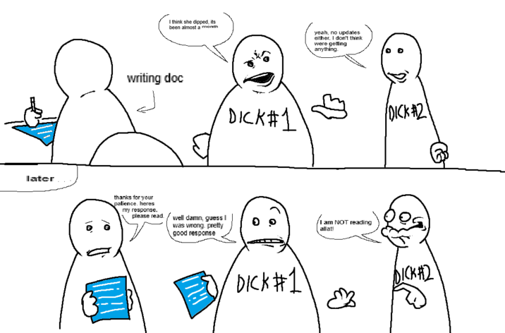 I think she dipped, its been almost a month yeah, no updates either. I don't think were getting anything. writing doc D---#1 later thanks for your patience. heres my response. please read. well damn, guess I was wrong. pretty good response 0 ° D--- #1 I am NOT reading allat! [D--- #2\ D--- #2 भु