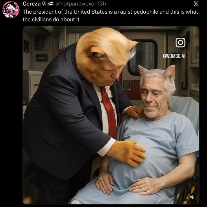 Cereza @hotpantsxoxo 13h X The president of the United States is a r----- p-------- and this is what the civilians do about it Ο @WOMBO.AI