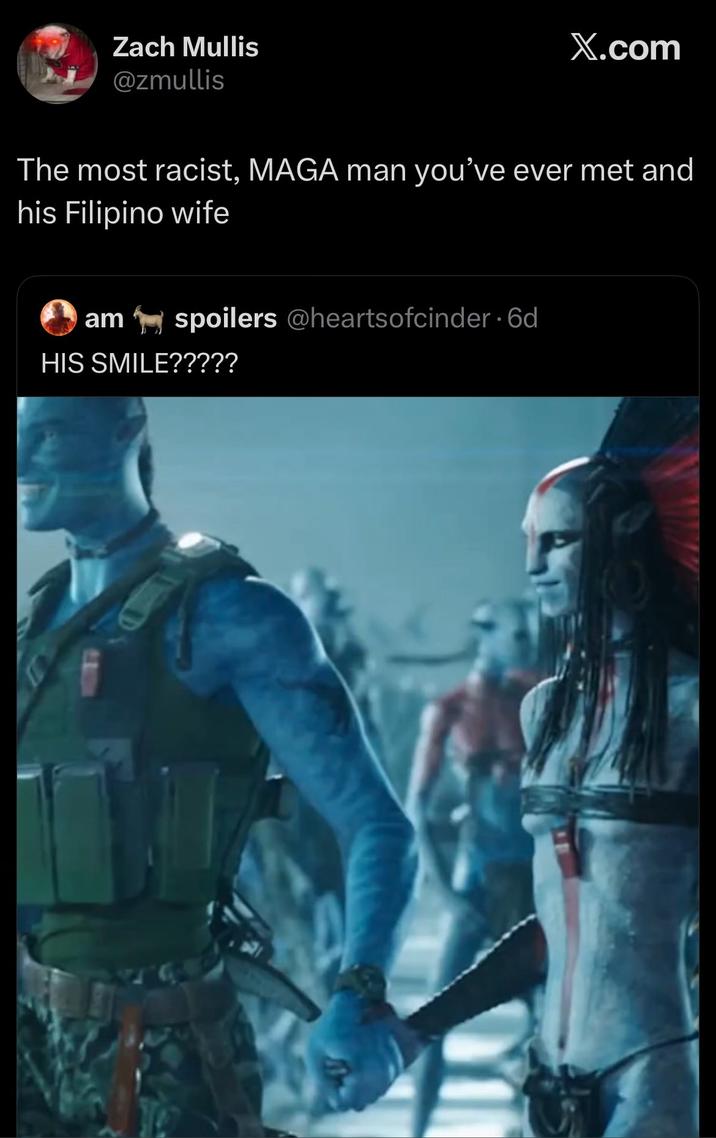 Zach Mullis @zmullis X.com The most racist, MAGA man you've ever met and his Filipino wife am spoilers @heartsofcinder. 6d HIS SMILE?????