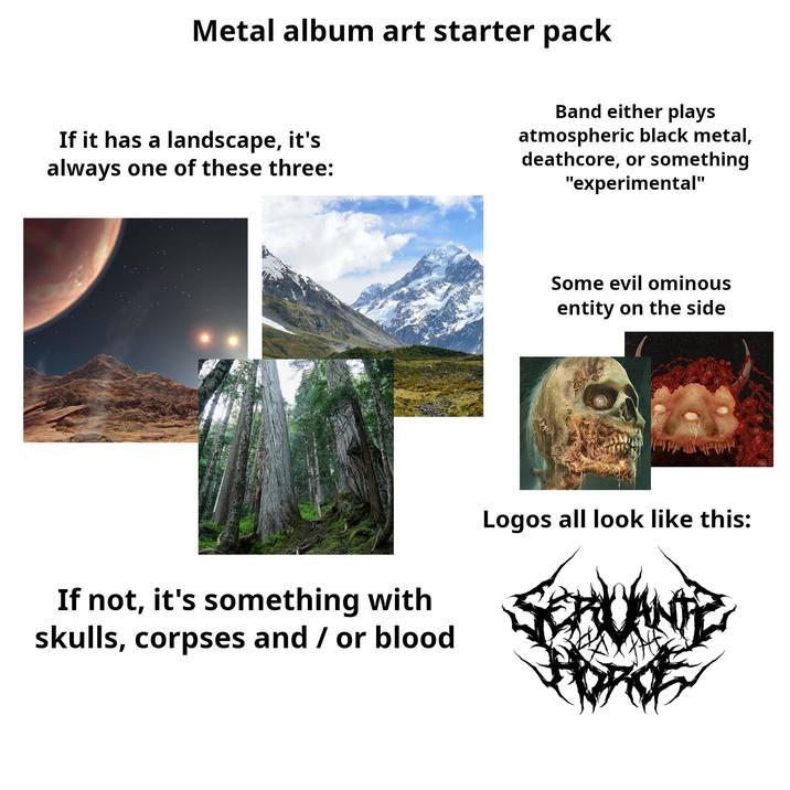 Metal album art starter pack If it has a landscape, it's always one of these three: Band either plays atmospheric black metal, deathcore, or something "experimental" Some evil ominous entity on the side If not, it's something with skulls, corpses and / or blood Logos all look like this: