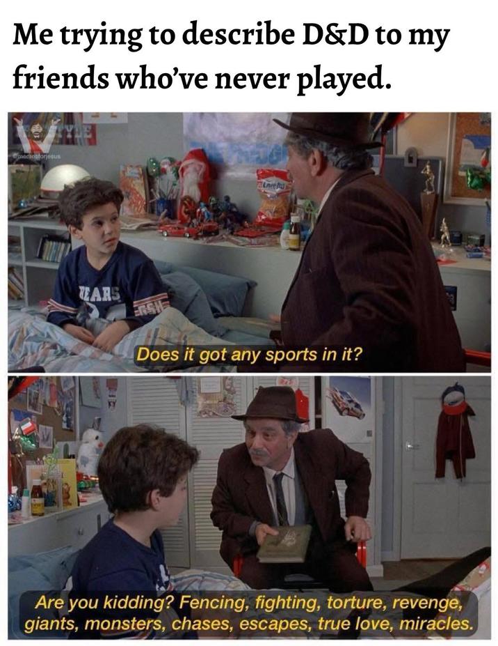 Me trying to describe D&D to my friends who've never played. meriostorjesus TEARS ERSH new Does it got any sports in it? Are you kidding? Fencing, fighting, torture, revenge, giants, monsters, chases, escapes, true love, miracles.