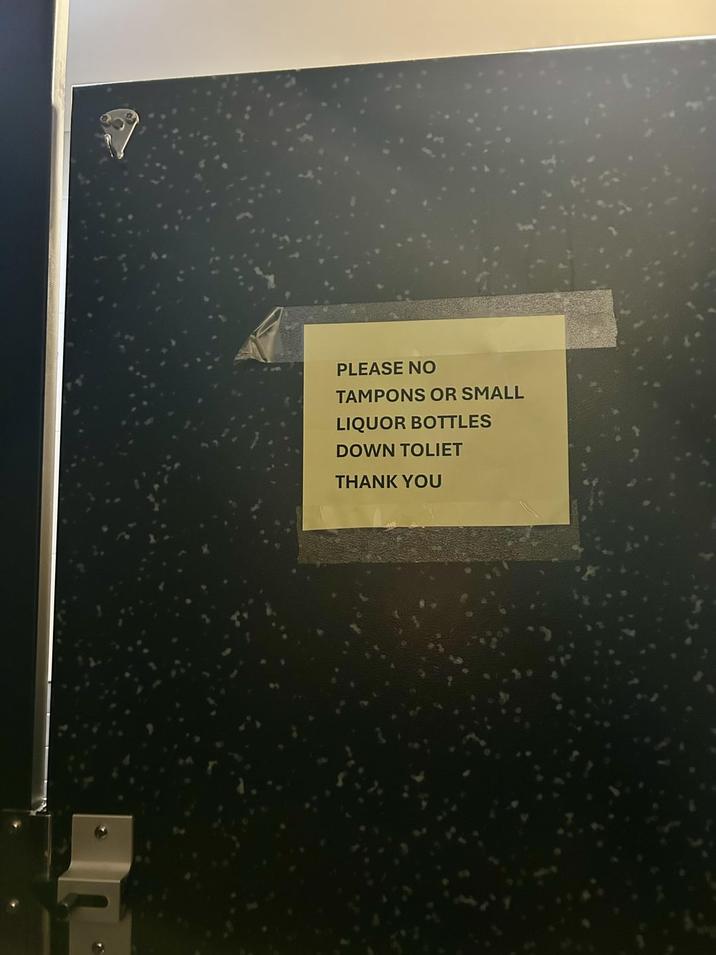PLEASE NO TAMPONS OR SMALL LIQUOR BOTTLES DOWN TOLIET THANK YOU