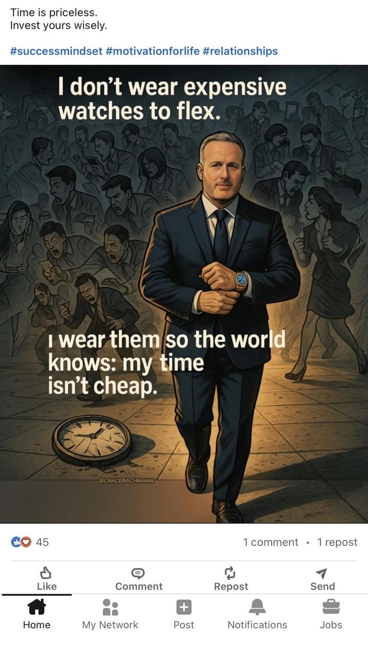 Time is priceless. Invest yours wisely. #successmindset #motivationforlife #relationships I don't wear expensive watches to flex. 45 I wear them so the world knows: my time isn't cheap. @LANCEBACHMANN 1 comment 1 repost Like Comment Repost Send + Home My Network Post Notifications Jobs