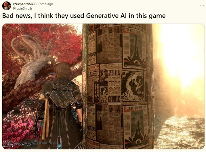 A post calling out Expedition 33 for using AI. The post was made on the day the game was released.