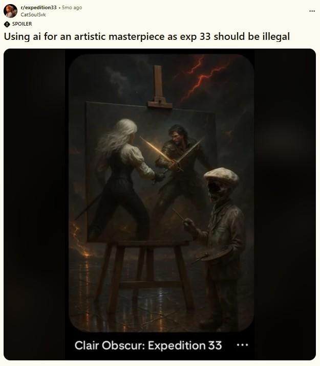 A post on the Expedition 33 subreddit. The post calls the game out for using AI.