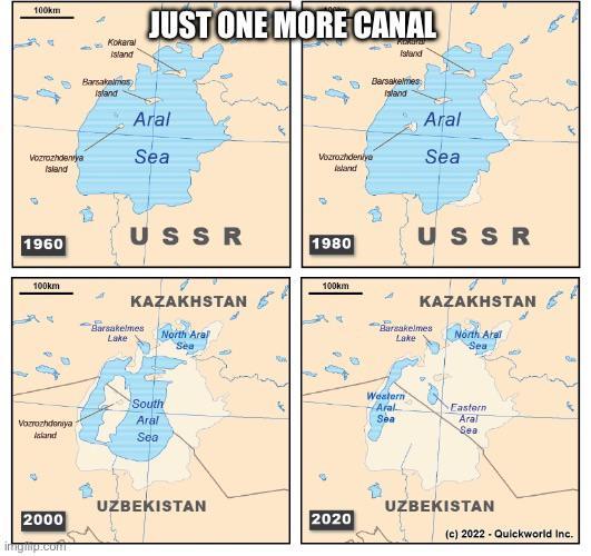 100km Kokaral Island JUST ONE MORE CANAL Barsakelmes Island Aral Island Barsakelmes Island Aral Vozrazhdeniya Island Sea Vozrozhdeniya Island Sea 1960 USSR 1980 100km KAZAKHSTAN 100km A Barsakelmes Lake North Aral Sea Vozrozhdoniya Anand South Aral Sea USSR KAZAKHSTAN Baraakelmes Lake North Arell Sea Western Aral Sea Eastern Aral Sea UZBEKISTAN UZBEKISTAN 2000 2020 (c) 2022 Quickworld Inc. irigmp.com