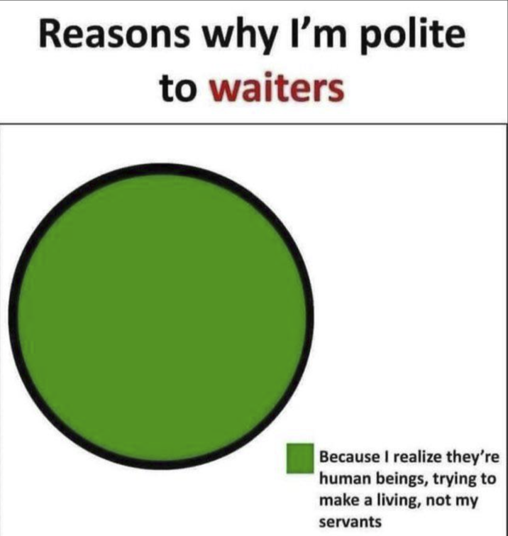 Reasons why I'm polite to waiters Because I realize they're human beings, trying to make a living, not my servants