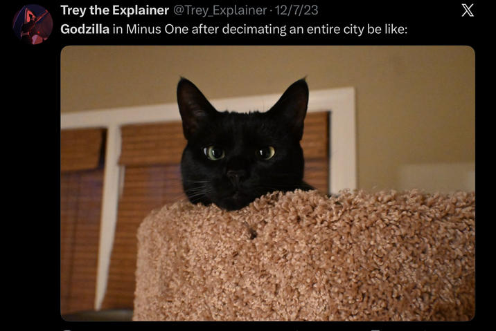 Trey the Explainer @Trey_Explainer 12/7/23 Godzilla in Minus One after decimating an entire city be like: X