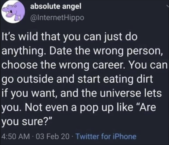 absolute angel @InternetHippo It's wild that you can just do anything. Date the wrong person, choose the wrong career. You can go outside and start eating dirt if you want, and the universe lets you. Not even a pop up like "Are you sure?" 4:50 AM - 03 Feb 20⚫ Twitter for iPhone