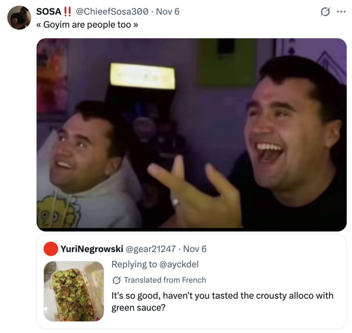 A "tweet":https://knowyourmeme.com/memes/sites/twitter-x using the "Goyim Are People Too" "catchphrase":https://knowyourmeme.com/memes/cultures/catchphrases and a "Kirkified":https://knowyourmeme.com/memes/charlie-kirk-face-swaps-kirkified-memes version of the "W Faps LosPollosTV":https://knowyourmeme.com/memes/w-faps-lospollostv-edits meme.