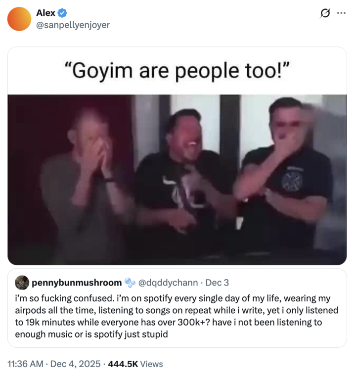 A "quote-tweet":https://knowyourmeme.com/memes/quote-retweets-qrts using the "Goyim Are People Too" "catchphrase":https://knowyourmeme.com/memes/cultures/catchphrases.