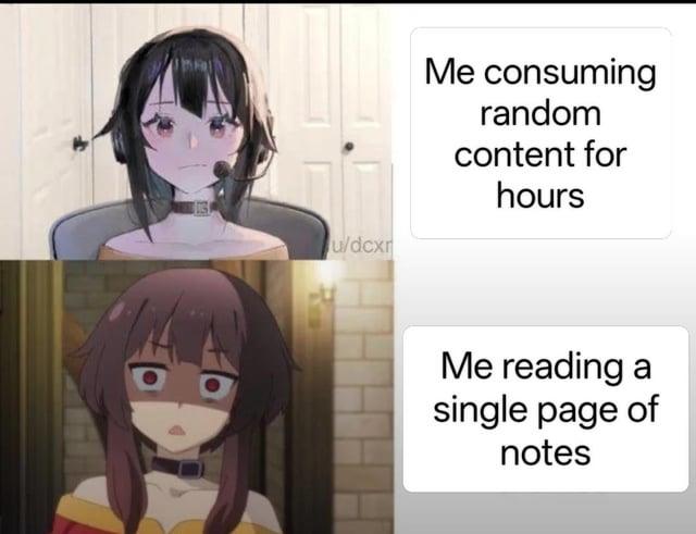 u/dcxr Me consuming random content for hours Me reading a single page of notes