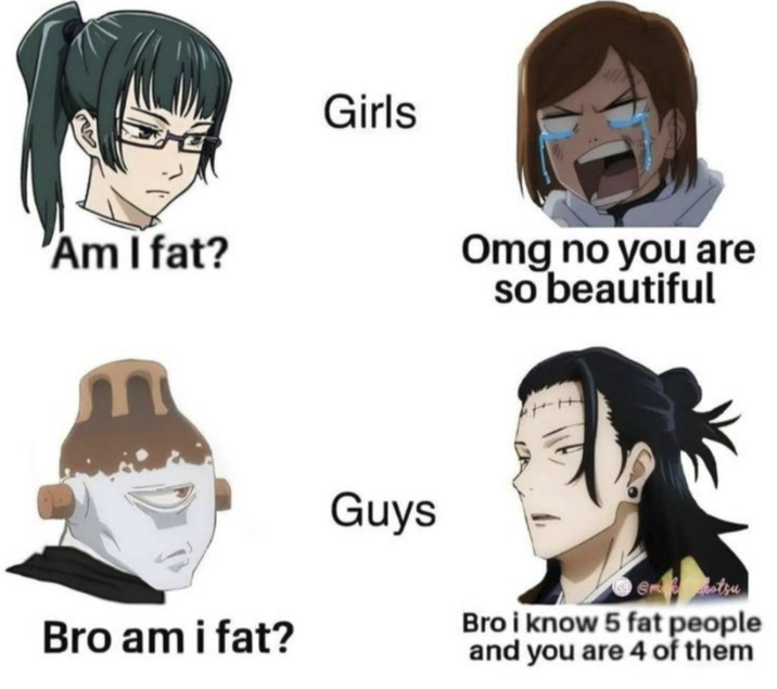 Am I fat? Girls Guys Omg no you are so beautiful Smotru Bro am i fat? Bro i know 5 fat people and you are 4 of them