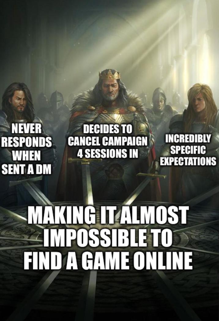NEVER RESPONDS WHEN SENT A DM DECIDES TO CANCEL CAMPAIGN 4 SESSIONS IN INCREDIBLY SPECIFIC EXPECTATIONS MAKING IT ALMOST IMPOSSIBLE TO FIND A GAME ONLINE