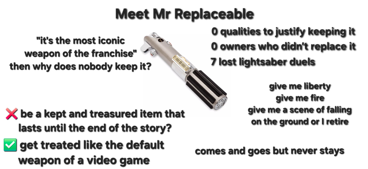 Meet Mr Replaceable "it's the most iconic weapon of the franchise" then why does nobody keep it? E ✗ be a kept and treasured item that lasts until the end of the story? get treated like the default weapon of a video game O qualities to justify keeping it O owners who didn't replace it 7 lost lightsaber duels give me liberty give me fire give me a scene of falling on the ground or I retire comes and goes but never stays