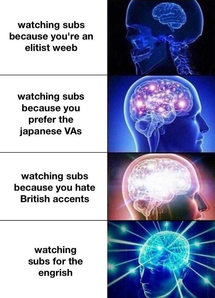 watching subs because you're an elitist weeb watching subs because you prefer the japanese VAS watching subs because you hate British accents watching subs for the engrish