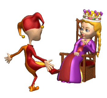 A piece of 3D clipart by Animation Factory. It shows a jester dancing for a bored queen.