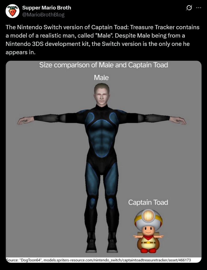 Supper Mario Broth @MarioBrothBlog Q ... The Nintendo Switch version of Captain Toad: Treasure Tracker contains a model of a realistic man, called "Male". Despite Male being from a Nintendo 3DS development kit, the Switch version is the only one he appears in. Size comparison of Male and Captain Toad Male Captain Toad Source: "DogToon64", models.spriters-resource.com/nintendo_switch/captaintoadtreasuretracker/asset/466173