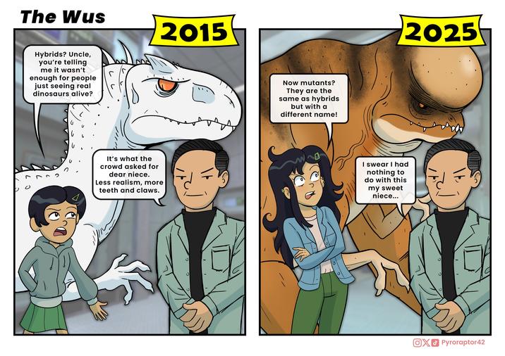The Wus Hybrids? Uncle, you're telling me it wasn't enough for people just seeing real dinosaurs alive? 2015 0 n It's what the crowd asked for dear niece. Less realism, more teeth and claws. Now mutants? They are the same as hybrids but with a different name! 2025 I swear I had nothing to do with this my sweet niece... OX Pyroraptor42